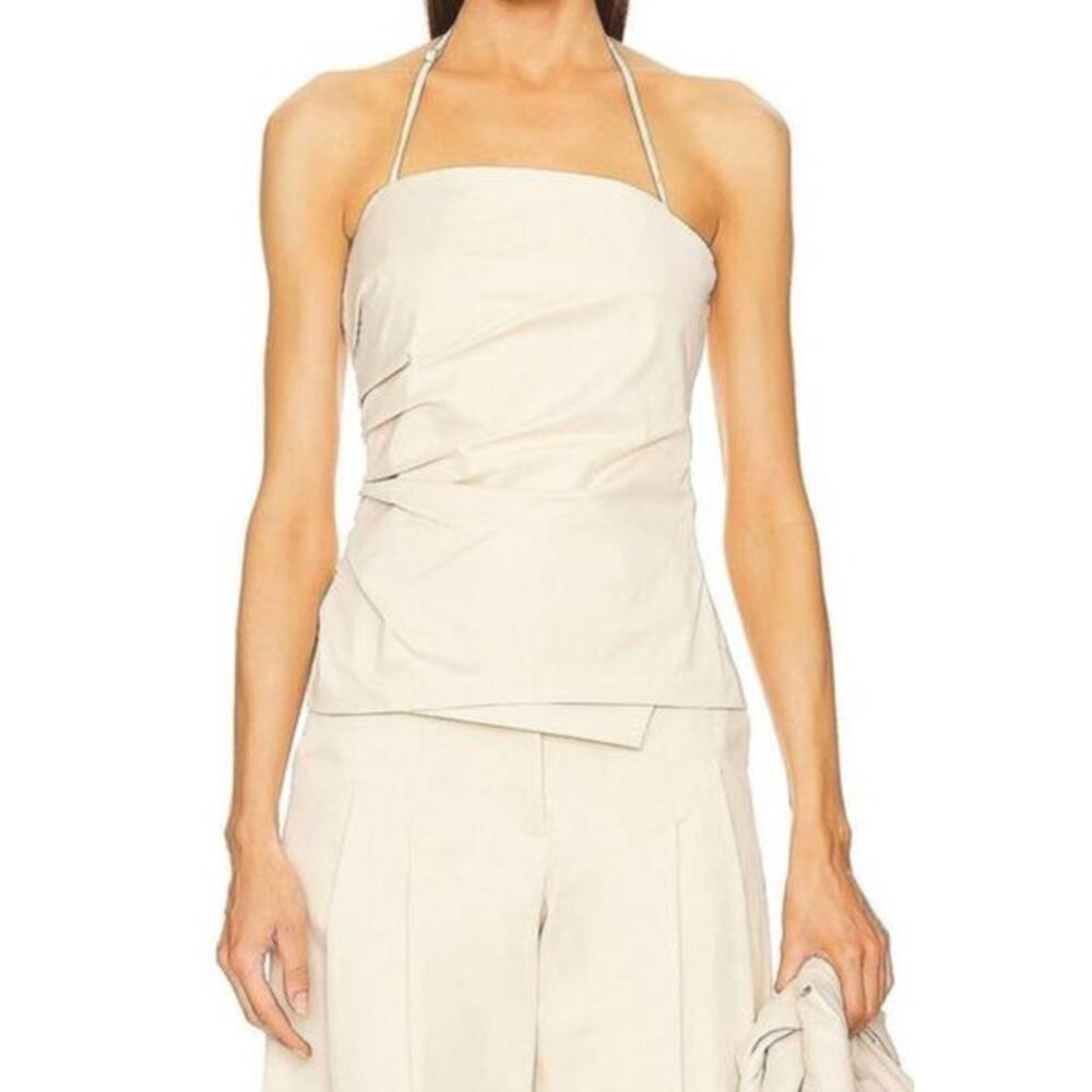 A.L.C. Charlotte Top Sleeveless Halter Neck Pleated Tank Cotton Blend Beige 12